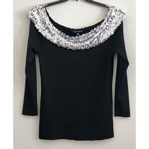 Top/Blouse-International Concepts-Black-Silver Sequin Neckline-3/4 Sleeve-XL